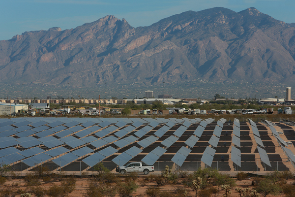 Valencia Solar is a single-axis tracking system utilizing more than 47,500 poly-crystalline modules. The system was designed and built by E.ON and became operational at the end of June, 2013. E.ON sells its output to TEP through a 20-year purchase power agreement. Photo by David Sanders/TEP.