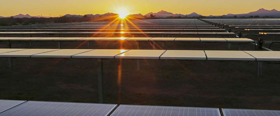 Solar panels at sunset